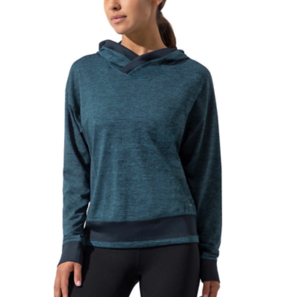 Mondetta Performance Luxury Space Dye Hoodie Teal Blue Crossover Neck Womens S‎